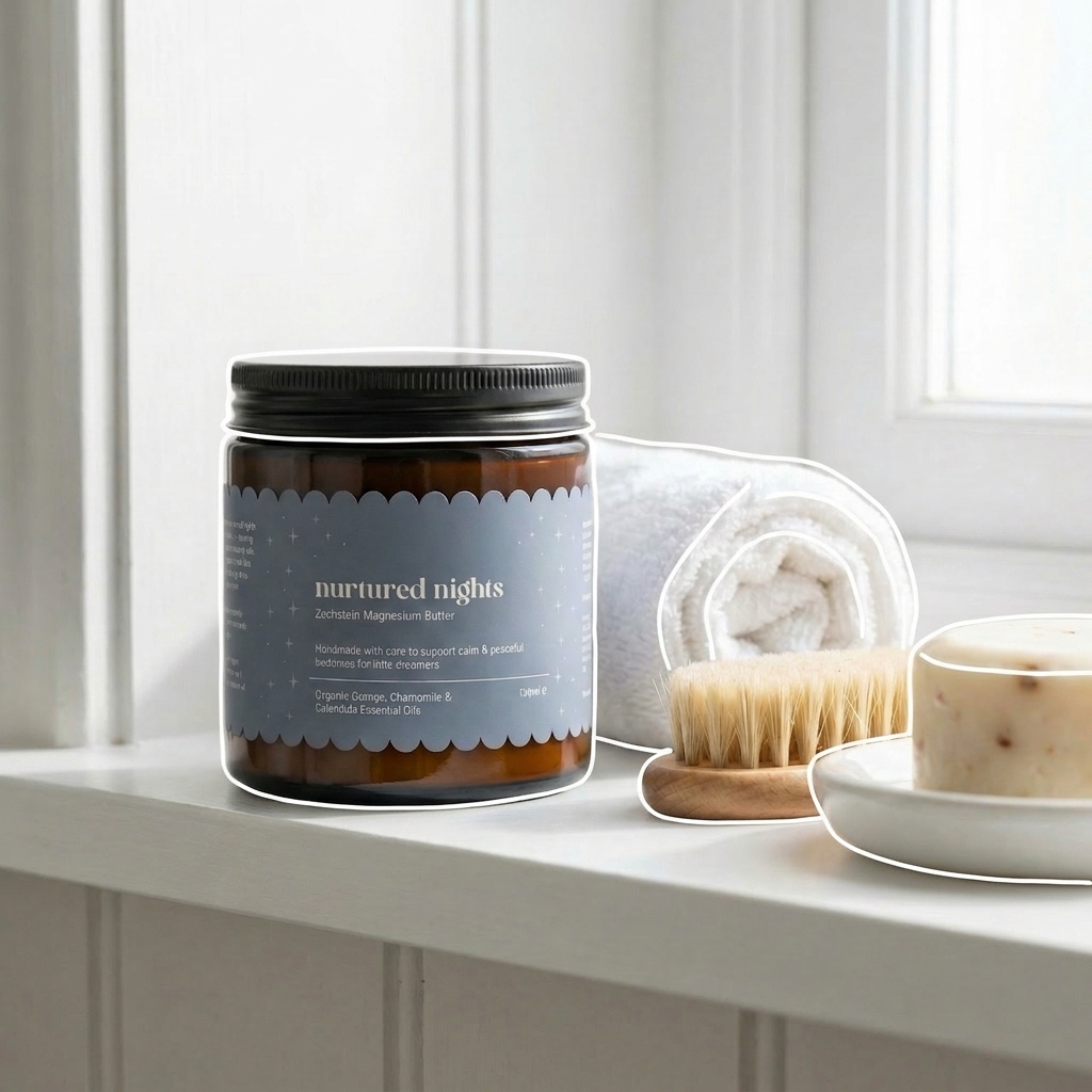 Nurtured Nights on bathroom shelf